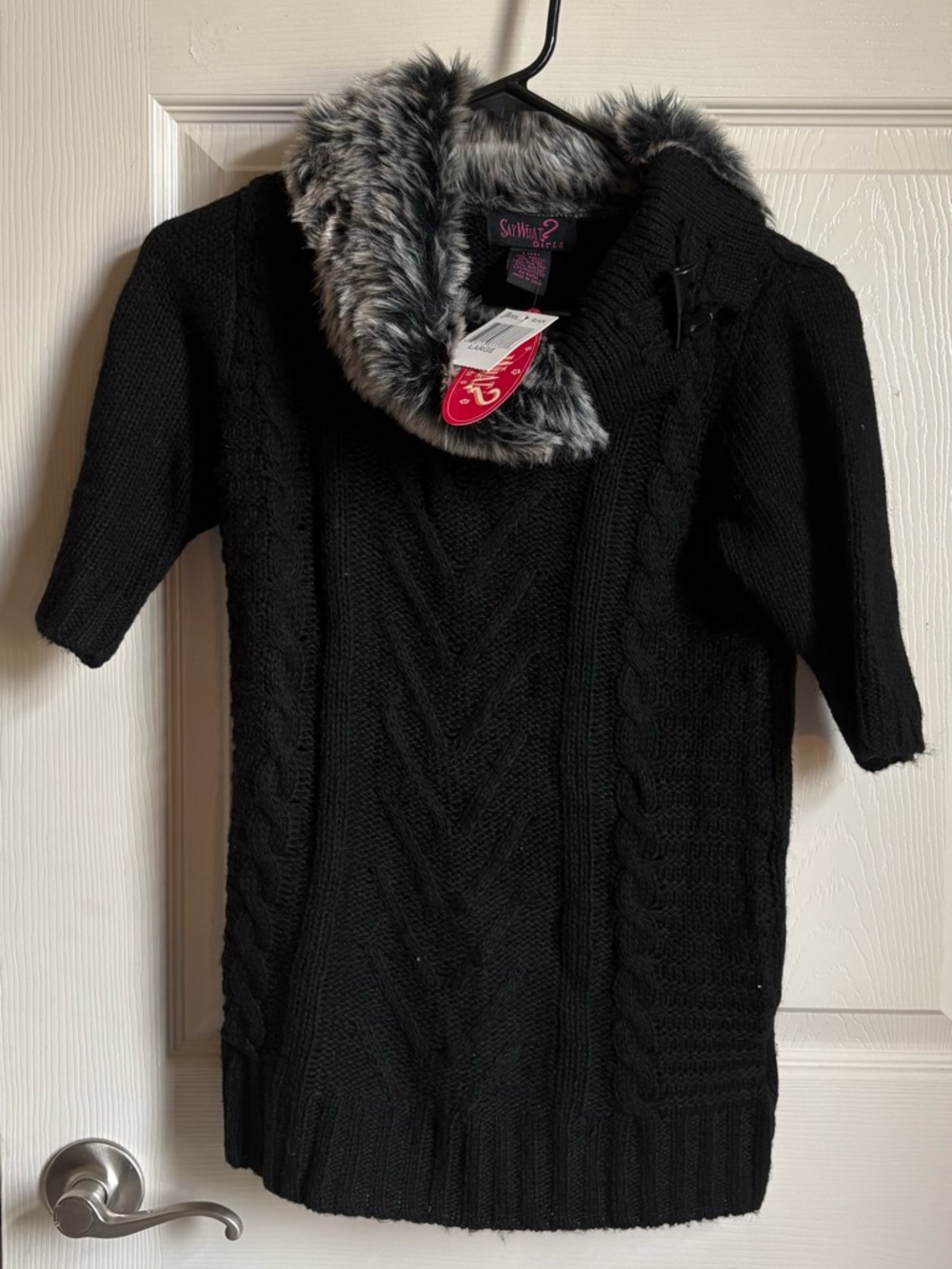 SAY WHAT? Cable Knit Sweater with Faux Fur Collar
